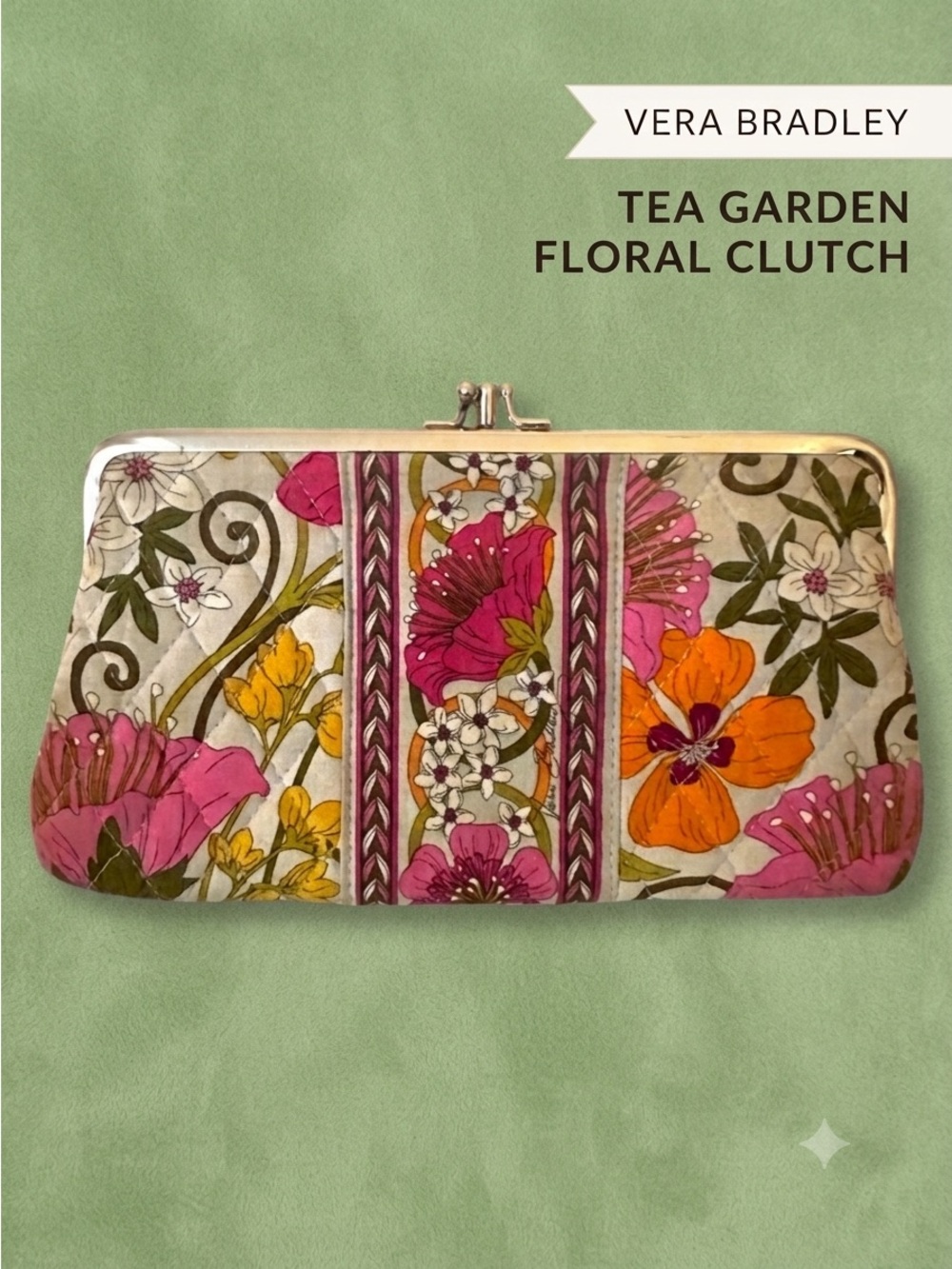 Vera Bradley Double Kiss Lock Tea Garden Floral Clutch Bag Washable Sustainable